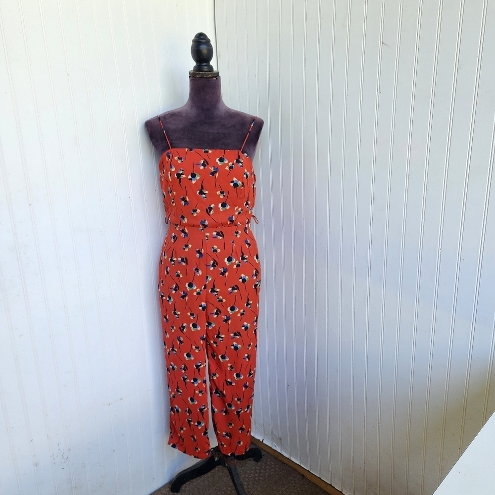Sienna Sky Orange Red Floral Striped Spaghetti Strap Jumpsuit Wide Leg Sz S